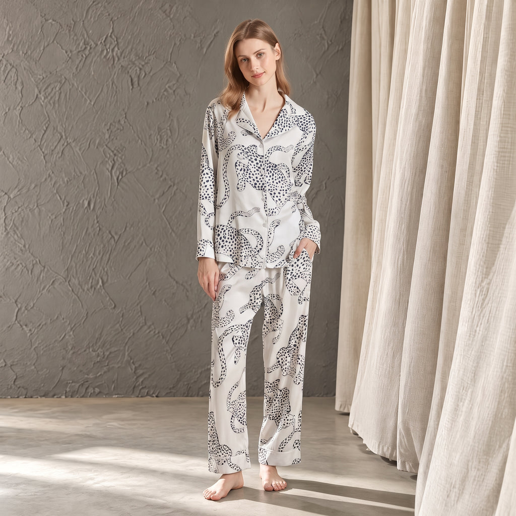 Ivory Wild – Women’s White Animal Print Satin Pajama Set, Long-Sleeve Button-Down Top & Pants