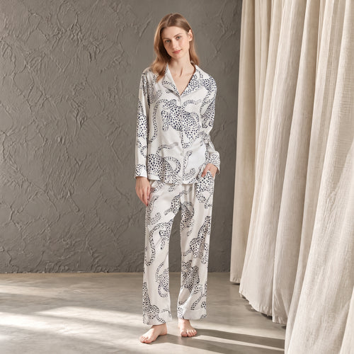 Ivory Wild – Women’s White Animal Print Satin Pajama Set, Long-Sleeve Button-Down Top & Pants