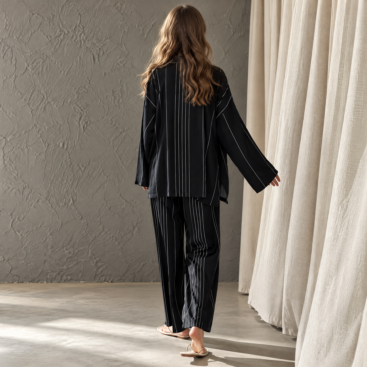 Midnight Stripe – Women’s Black Striped Cotton Pajama Set, Long-Sleeve Button-Down Top & Pants