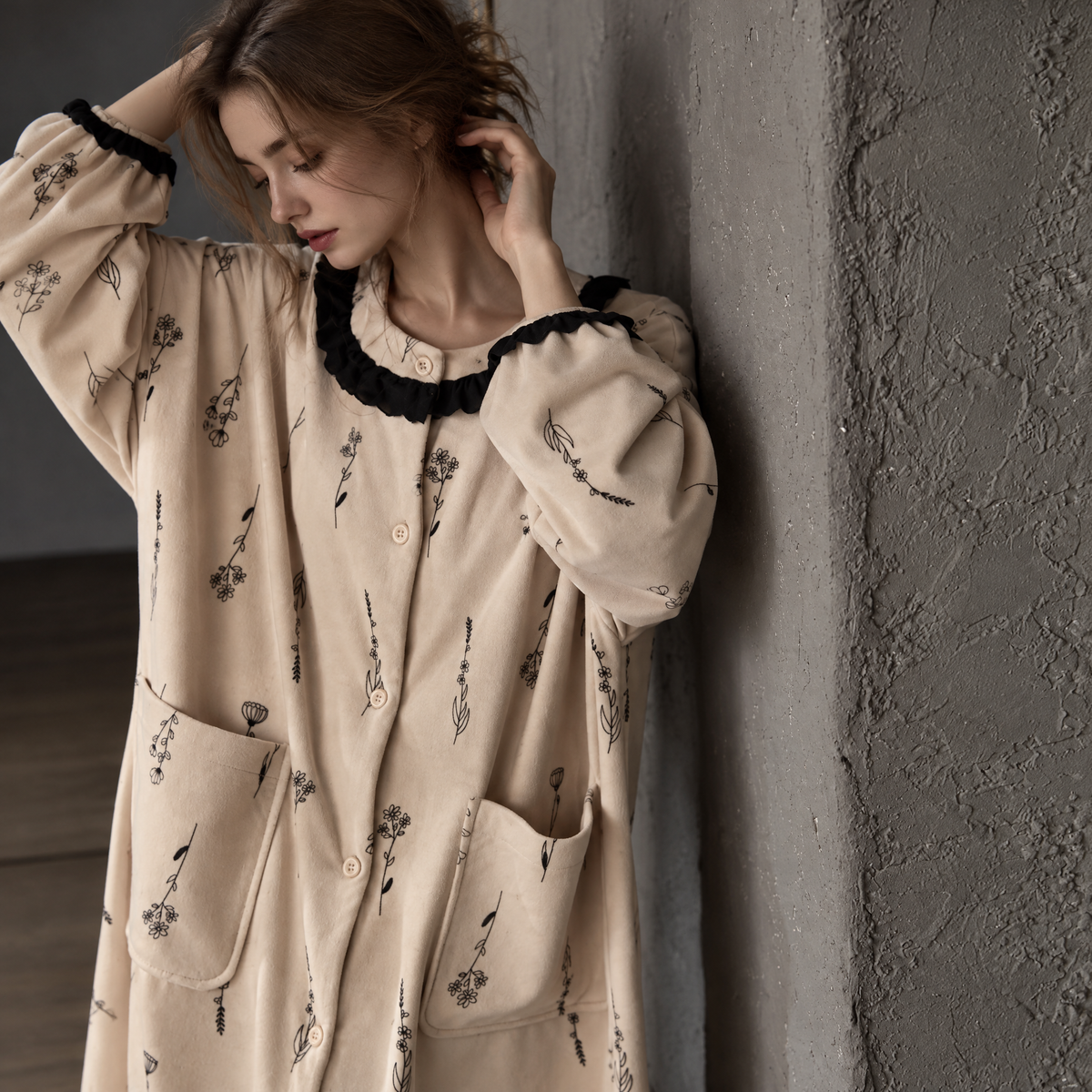 Petal Evening – Women’s Floral Plush Nightgown, Long-Sleeve Crewneck Fleece Sleep Dress