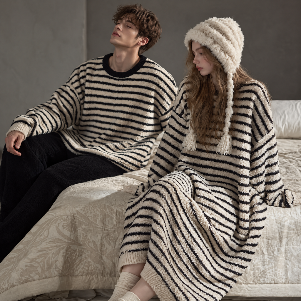 Weekend Stripe – Matching Striped Plush Sleepwear for Couples, Cozy Fleece Loungewear Styles