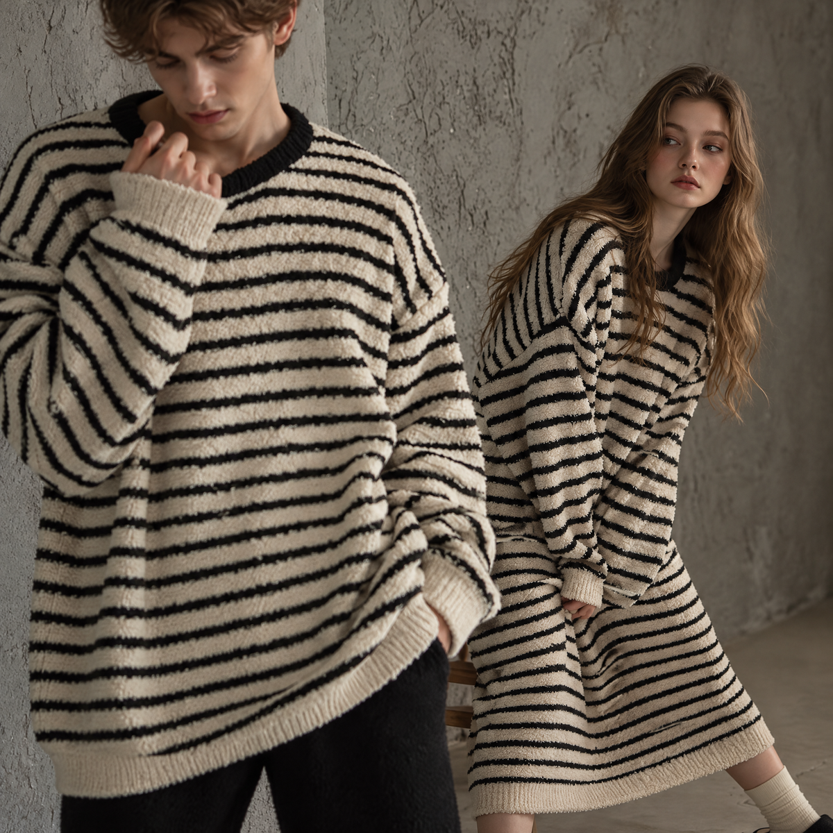 Weekend Stripe – Matching Striped Plush Sleepwear for Couples, Cozy Fleece Loungewear Styles