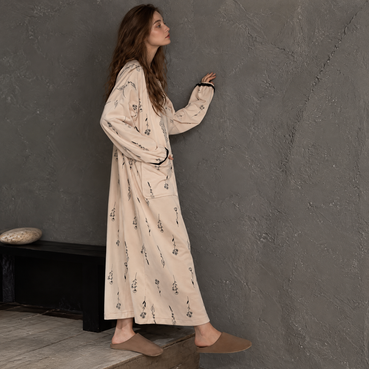 Petal Evening – Women’s Floral Plush Nightgown, Long-Sleeve Crewneck Fleece Sleep Dress