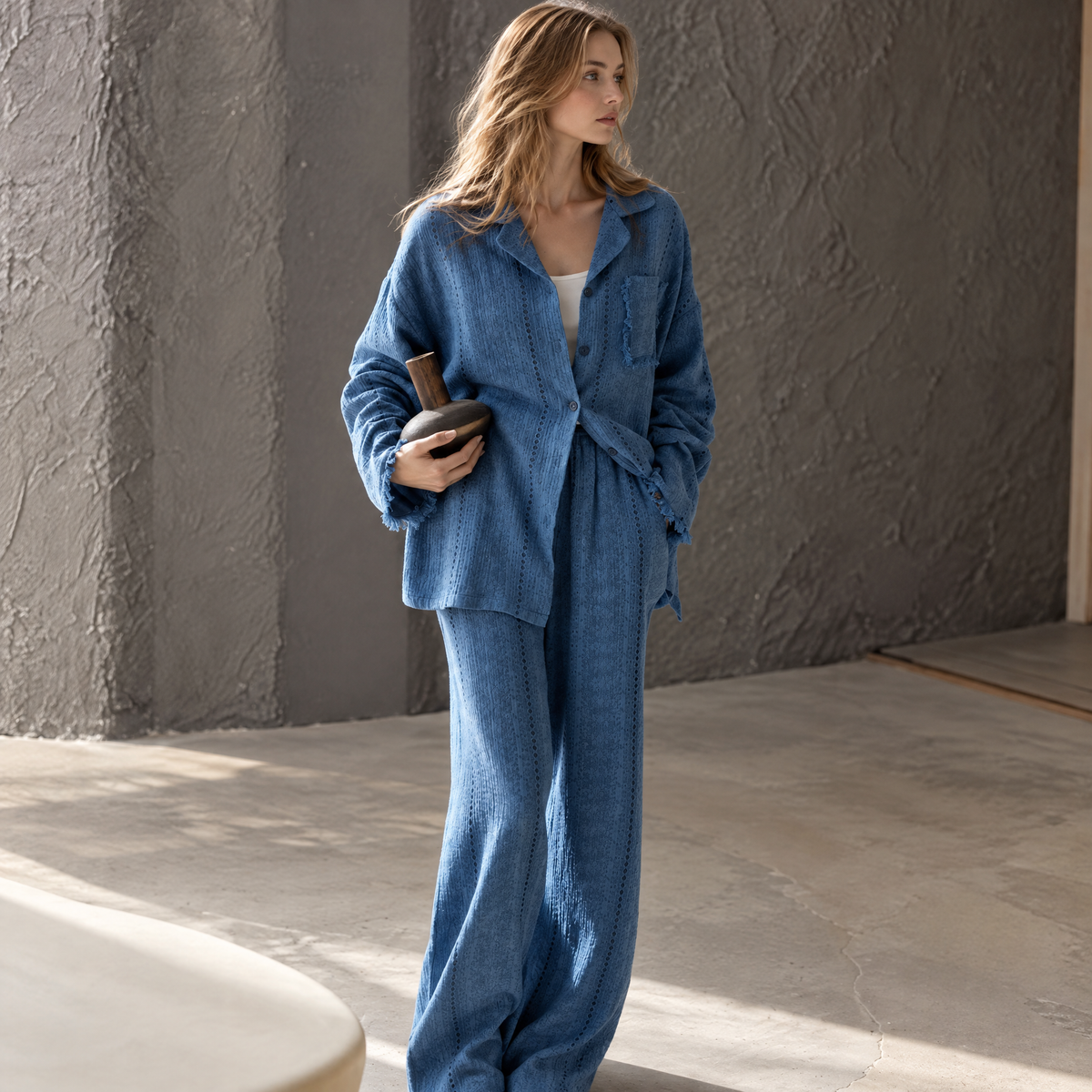 Mist Blue – Women’s Textured Cotton Pajama Set, Long-Sleeve Button-Down Top & Wide-Leg Pants