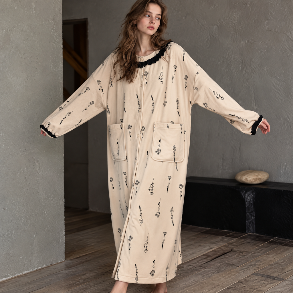 Petal Evening – Women’s Floral Plush Nightgown, Long-Sleeve Crewneck Fleece Sleep Dress