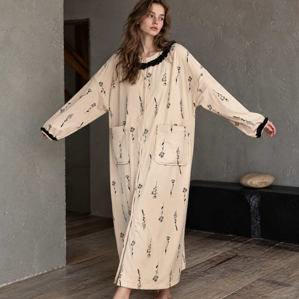 Petal Evening – Women’s Floral Plush Nightgown, Long-Sleeve Crewneck Fleece Sleep Dress