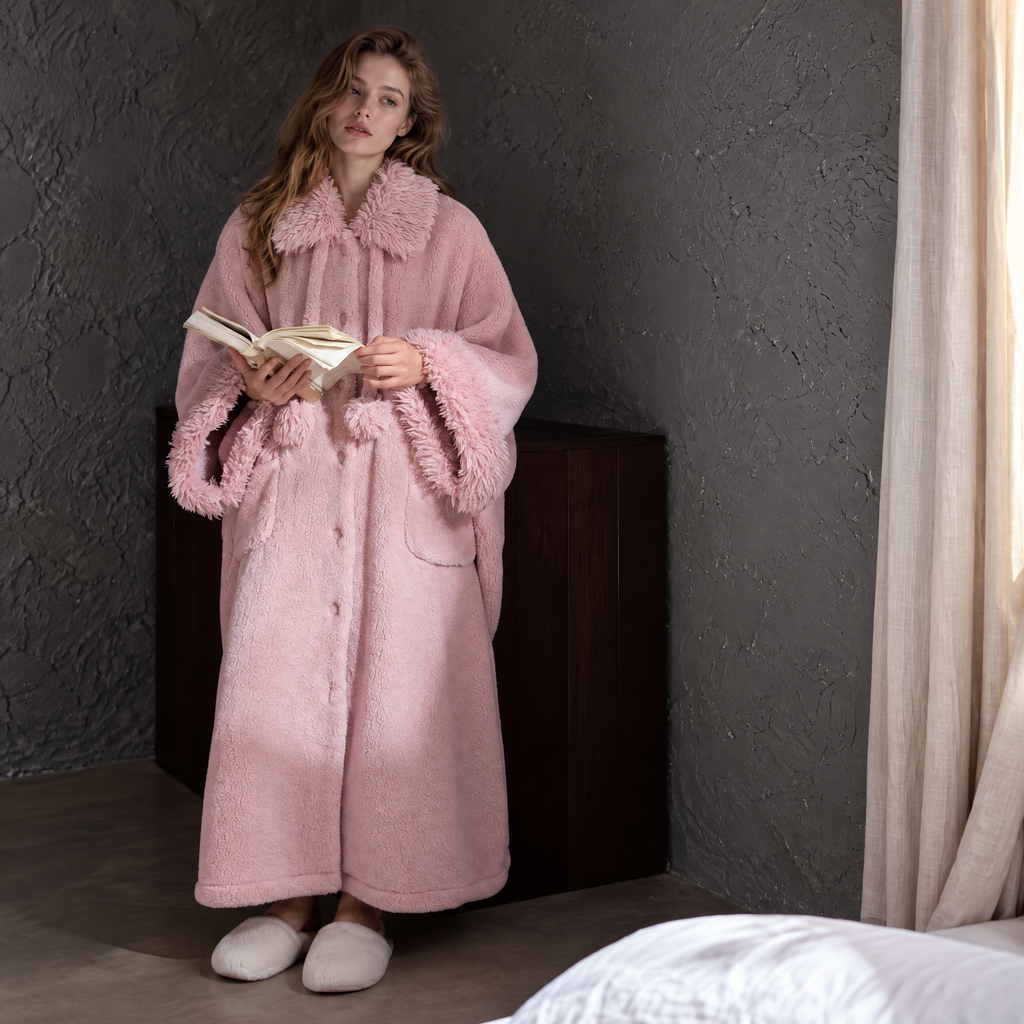 Rose Retreat – Women’s Pink Plush Fleece Bathrobe, Long Belted Robe & Cozy Lounge Wrap