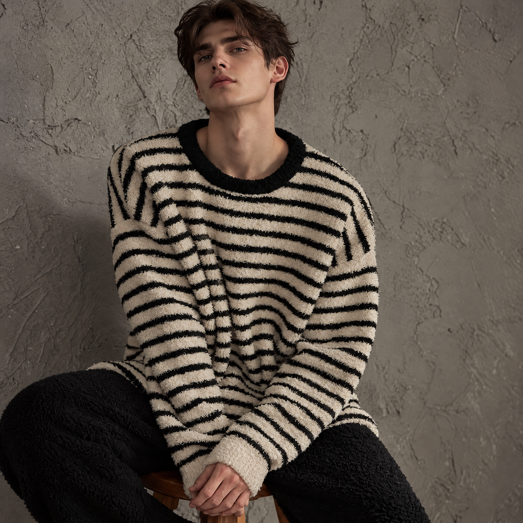 Weekend Stripe – Matching Striped Plush Sleepwear for Couples, Cozy Fleece Loungewear Styles
