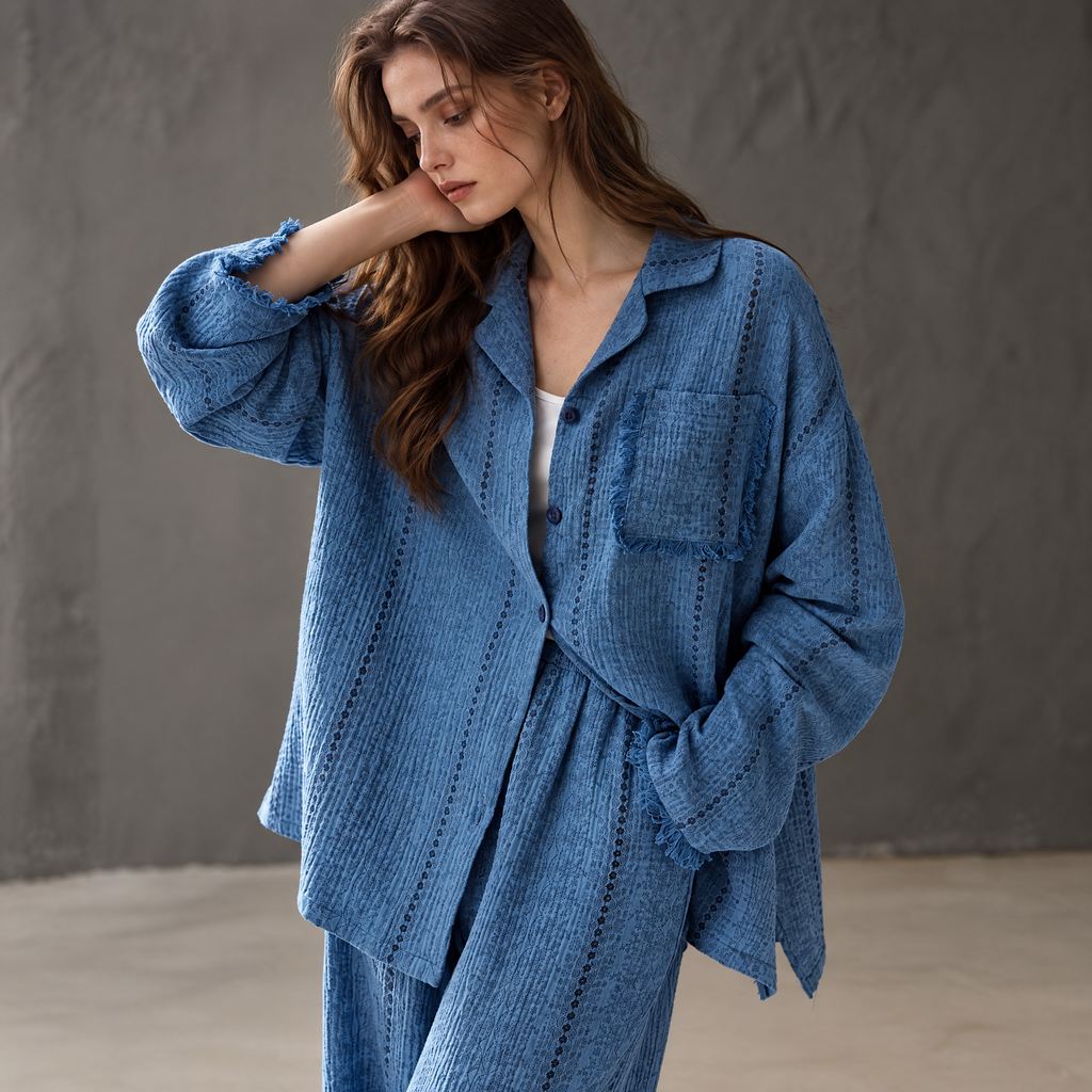 Mist Blue – Women’s Textured Cotton Pajama Set, Long-Sleeve Button-Down Top & Wide-Leg Pants
