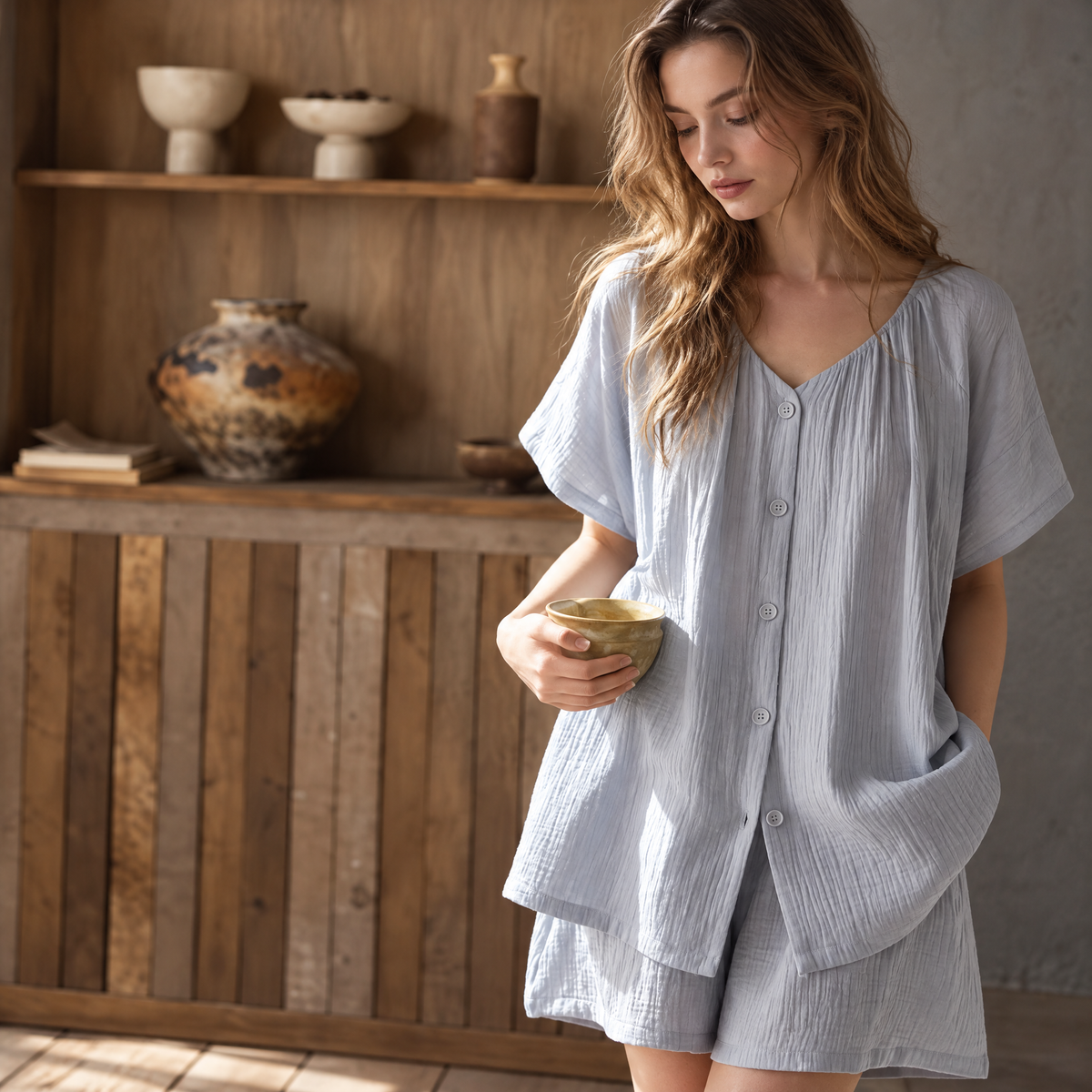 Cloud Blue – Women’s Cotton Gauze Pajama Set, Short-Sleeve Button-Down Top & Shorts